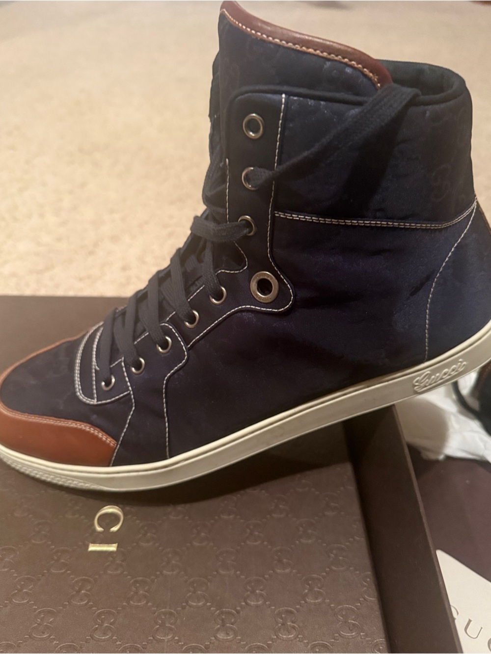 Gucci Navy and Brown High-Top Sneakers
